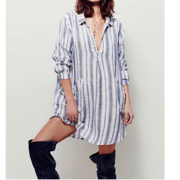 CP Shades Regina 100% Linen Pintuck Tunic Dress Chambray Stripe Women Medium - Picture 2 of 16